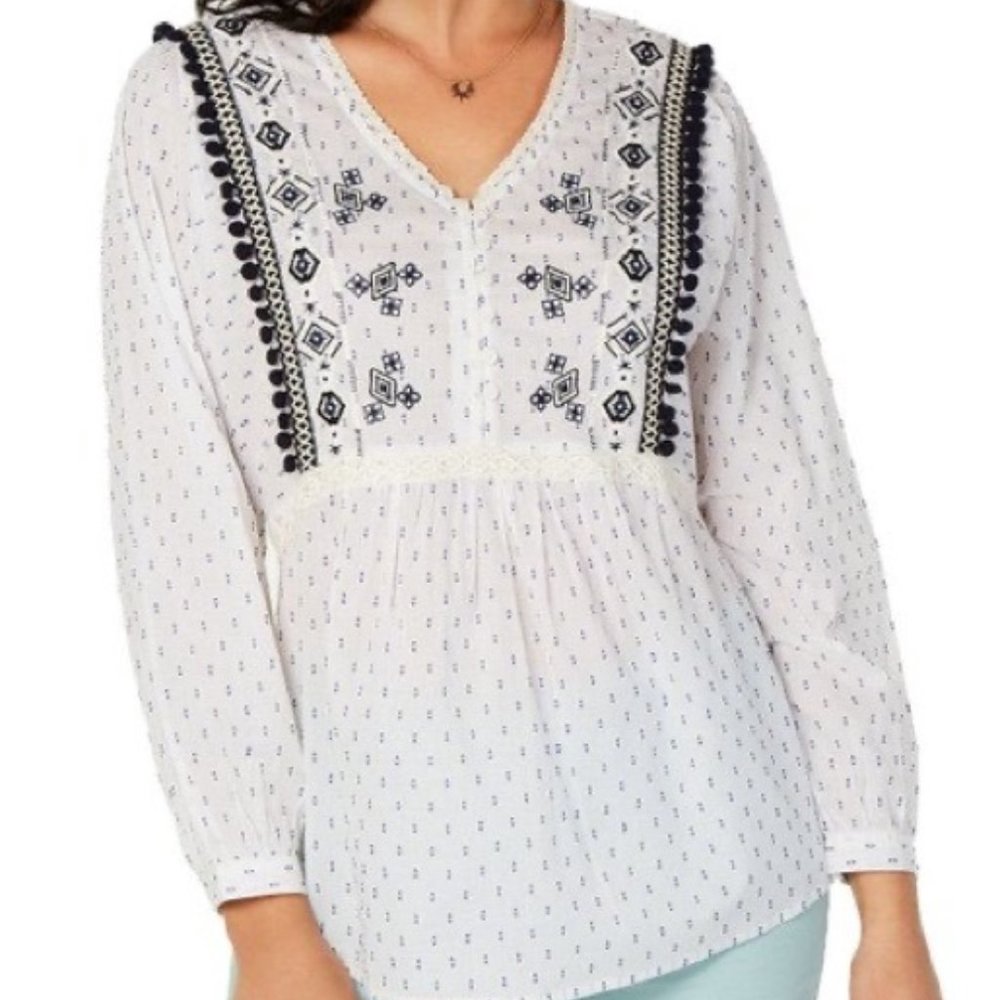 Style & Co Ivory & Blue Semi Sheer Boho Top Sz L